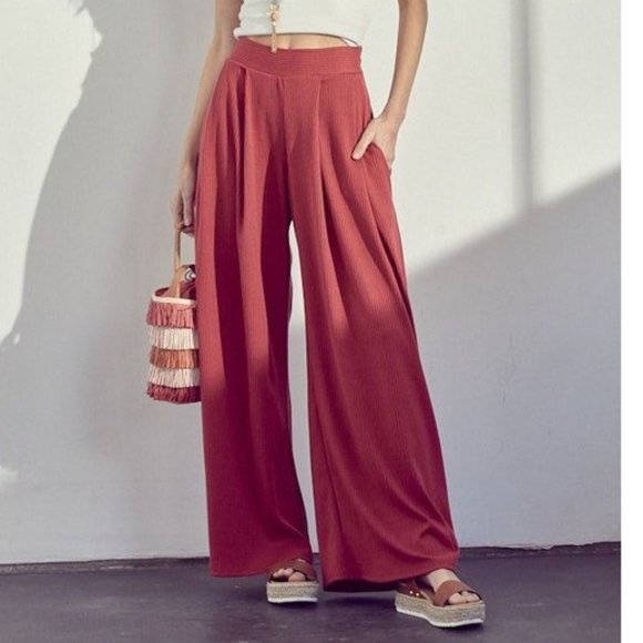 Terracotta Wide Leg Ribbed Pants - Picture 3 of 6